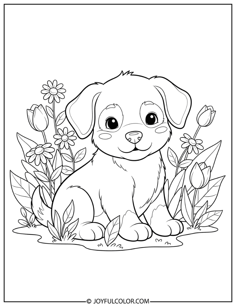 Puppy in Garden Coloring Page