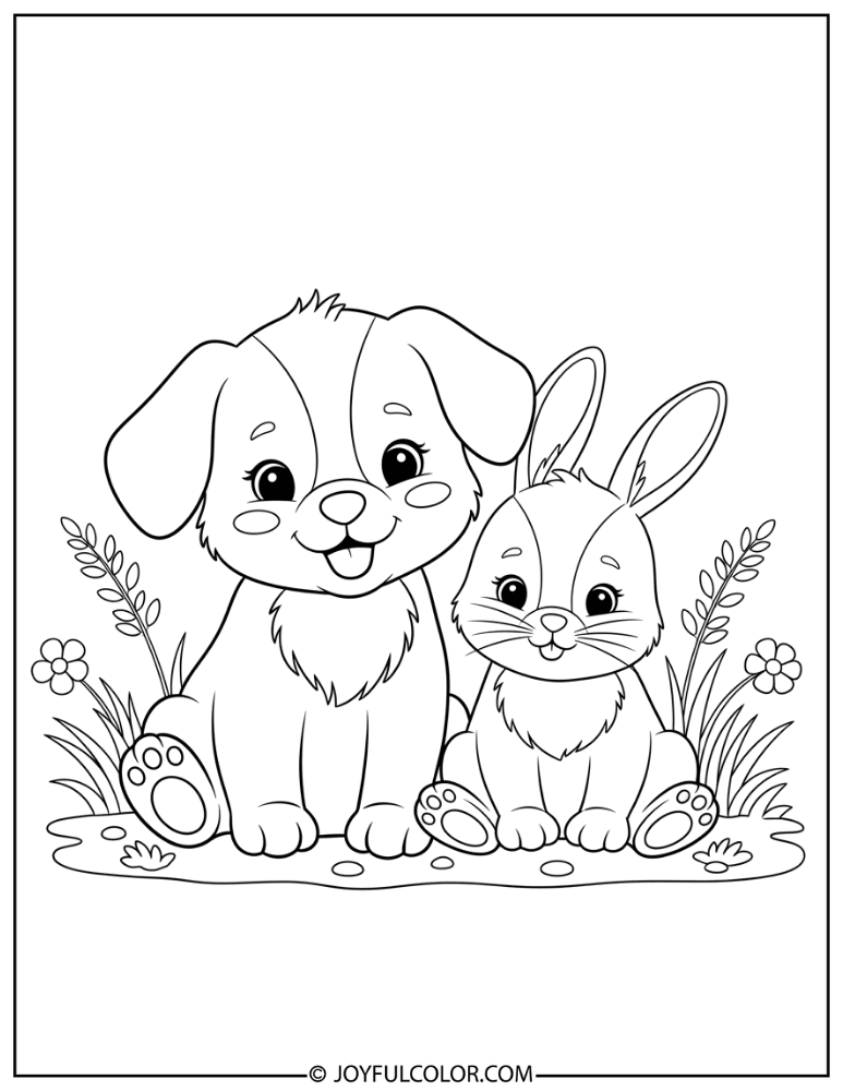Puppy with Bunny Friend Coloring Page