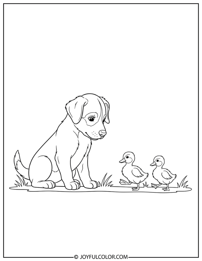 Puppy with Ducklings Coloring Page