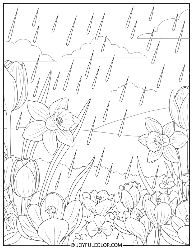 Rain Falling on Flowers Coloring Page