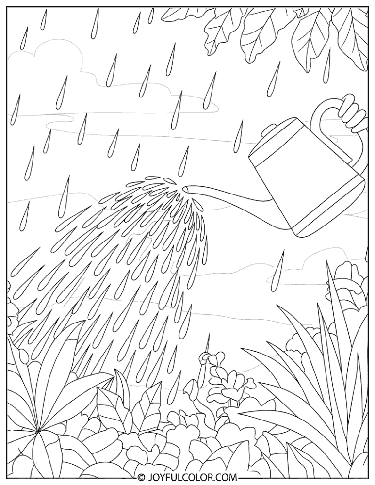 Rain Watering Garden Flowers Coloring Page
