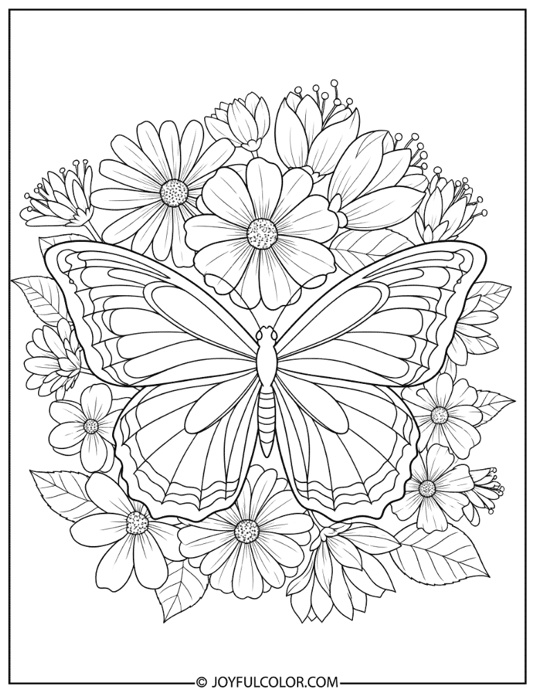 Rainbow Butterfly and Dream Flowers Coloring Page