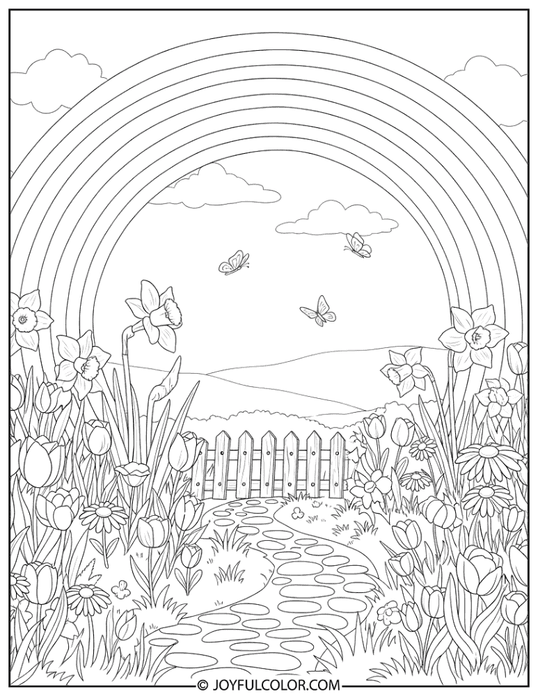 Rainbow Over Garden Coloring Page