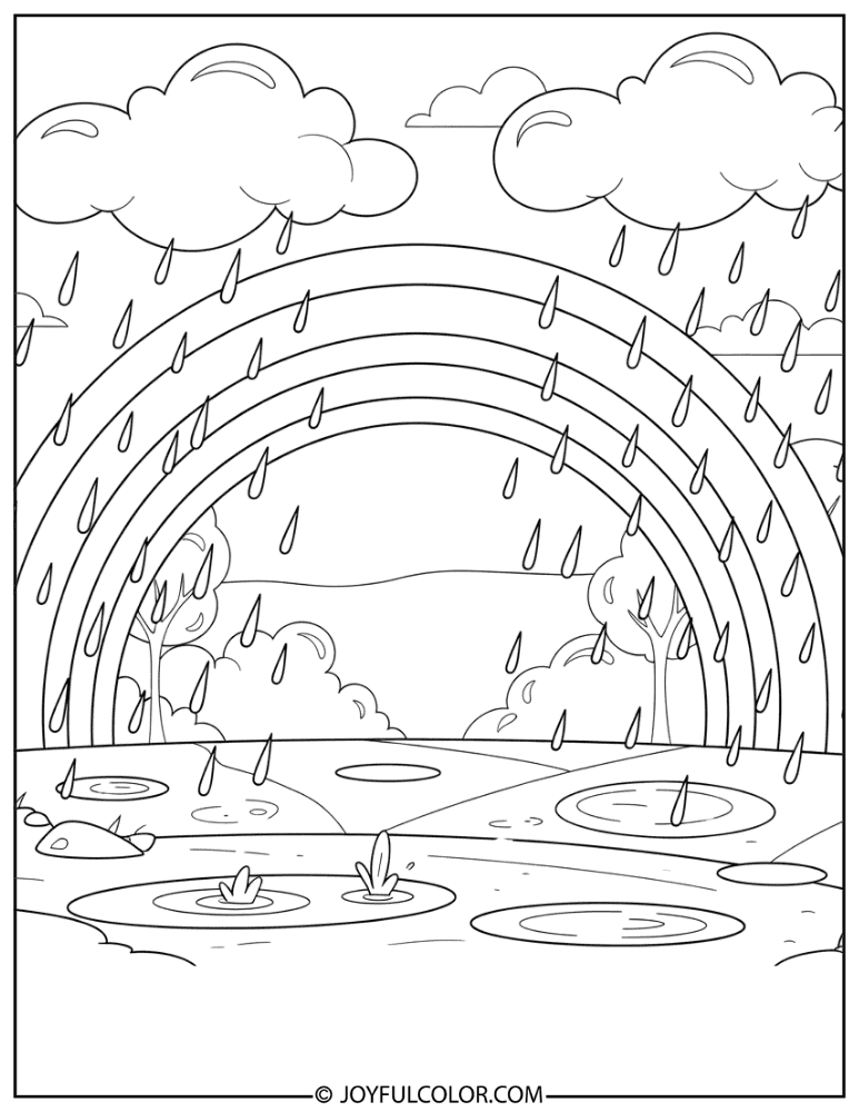 Rainbow Over Rain Scene Coloring Page
