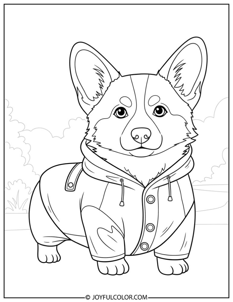 Raincoat Corgi Coloring Page