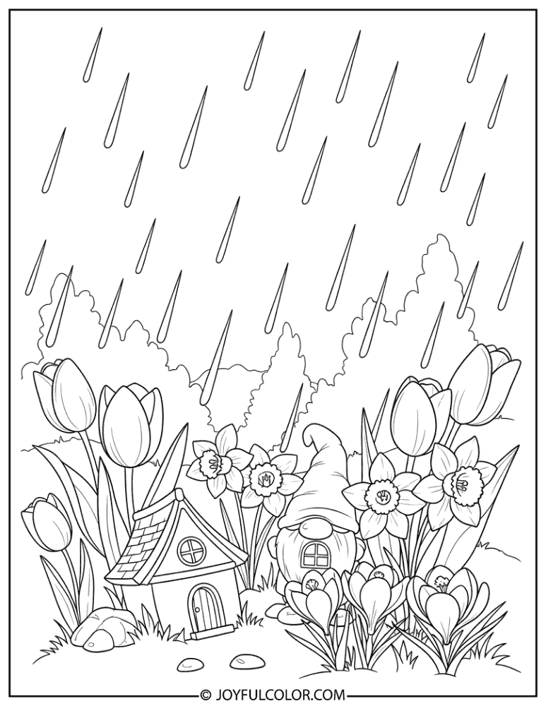 Rainy Garden Scene Coloring Page