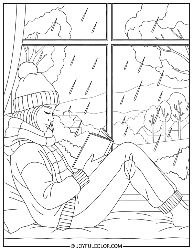 Reading by Window in Rain Coloring Page
