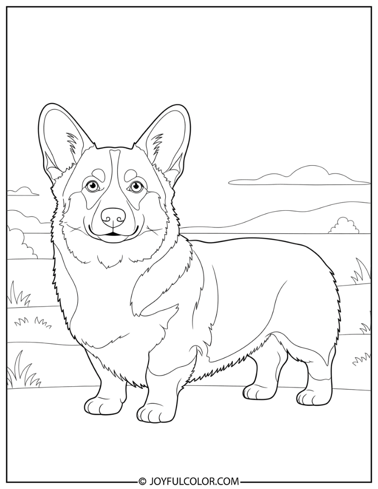 Realistic Standing Corgi Coloring Page