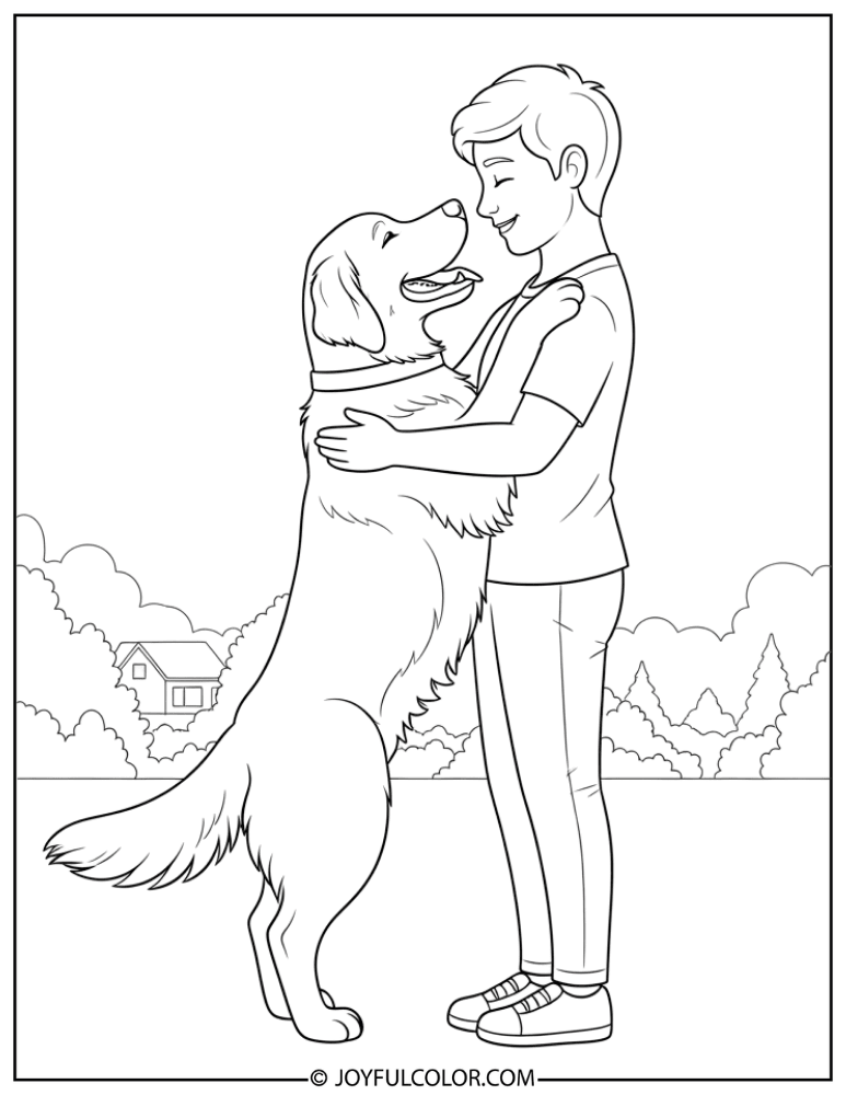 Retriever Hugging Owner Coloring Page