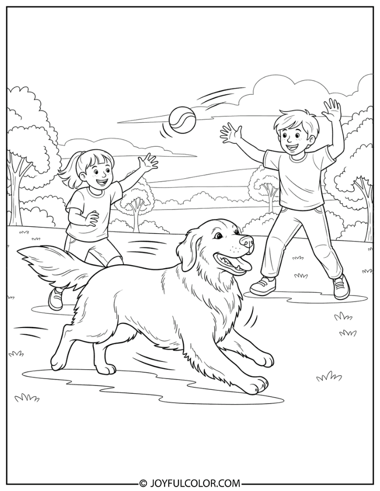 Retriever Playing with Kids Coloring Page