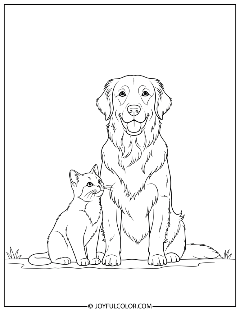 Retriever and Cat Coloring Page