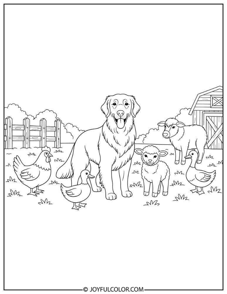 Retriever with Farm Animals Coloring Page