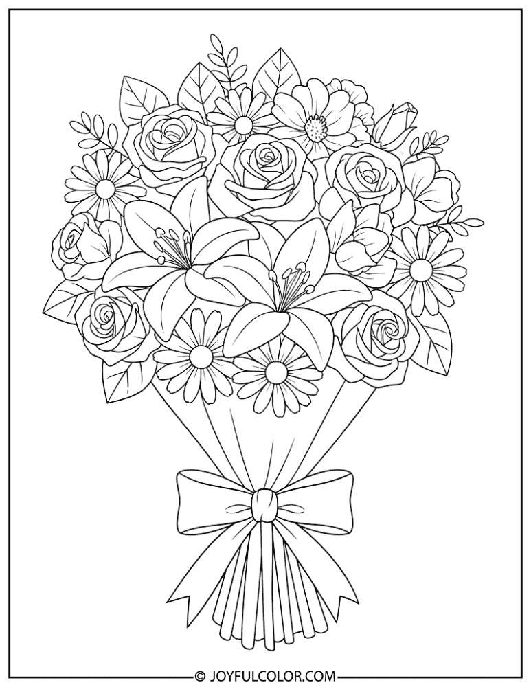 Ribbon-Tied Floral Bouquet Coloring Page