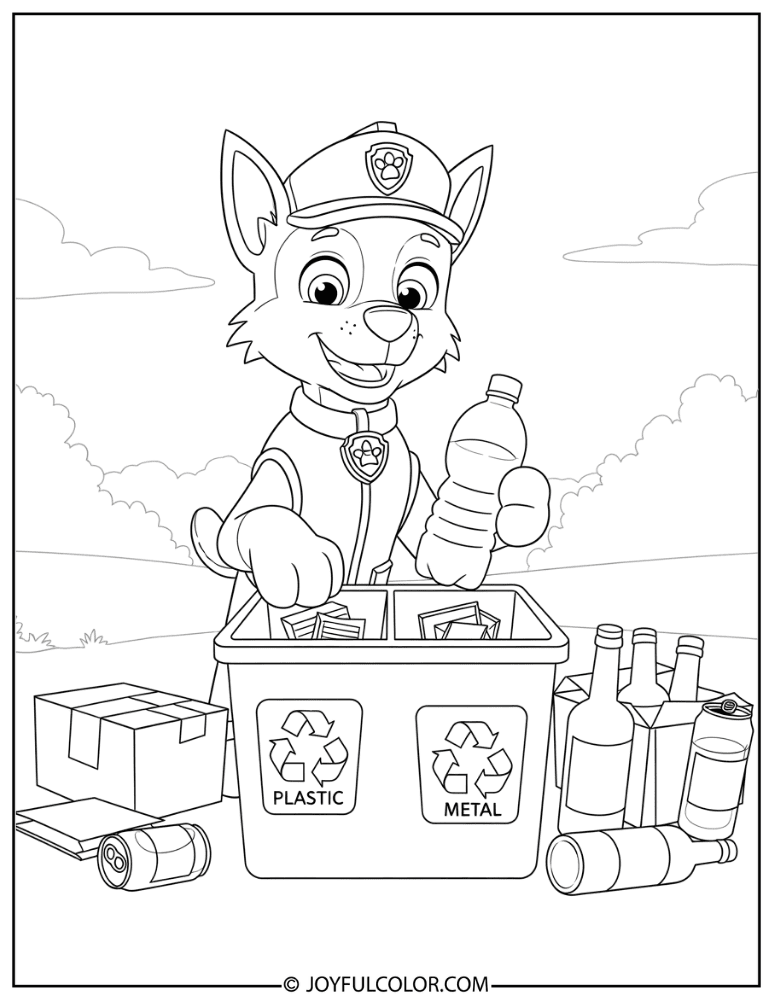 Rocky Sorting Recyclables Coloring Page