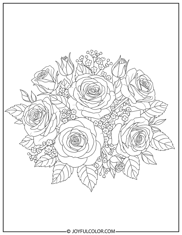 Romantic Red Rose Bouquet Coloring Page