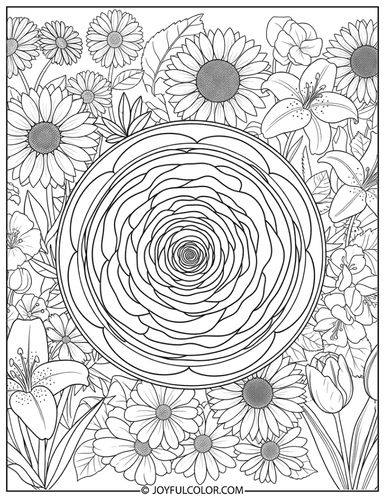 Rose Mandala Garden Flower Coloring Page