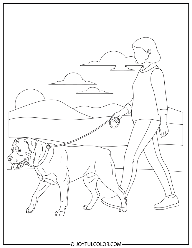 Rottweiler Walking with Owner Coloring Page