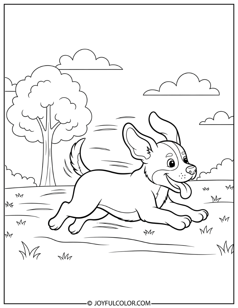 Running Puppy in Park Coloring Page