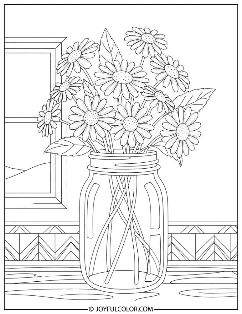 Rustic Mason Jar Daisy Bouquet Coloring Page