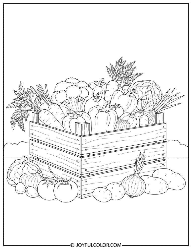 Rustic Wooden Crate of Vegetables Coloring Page