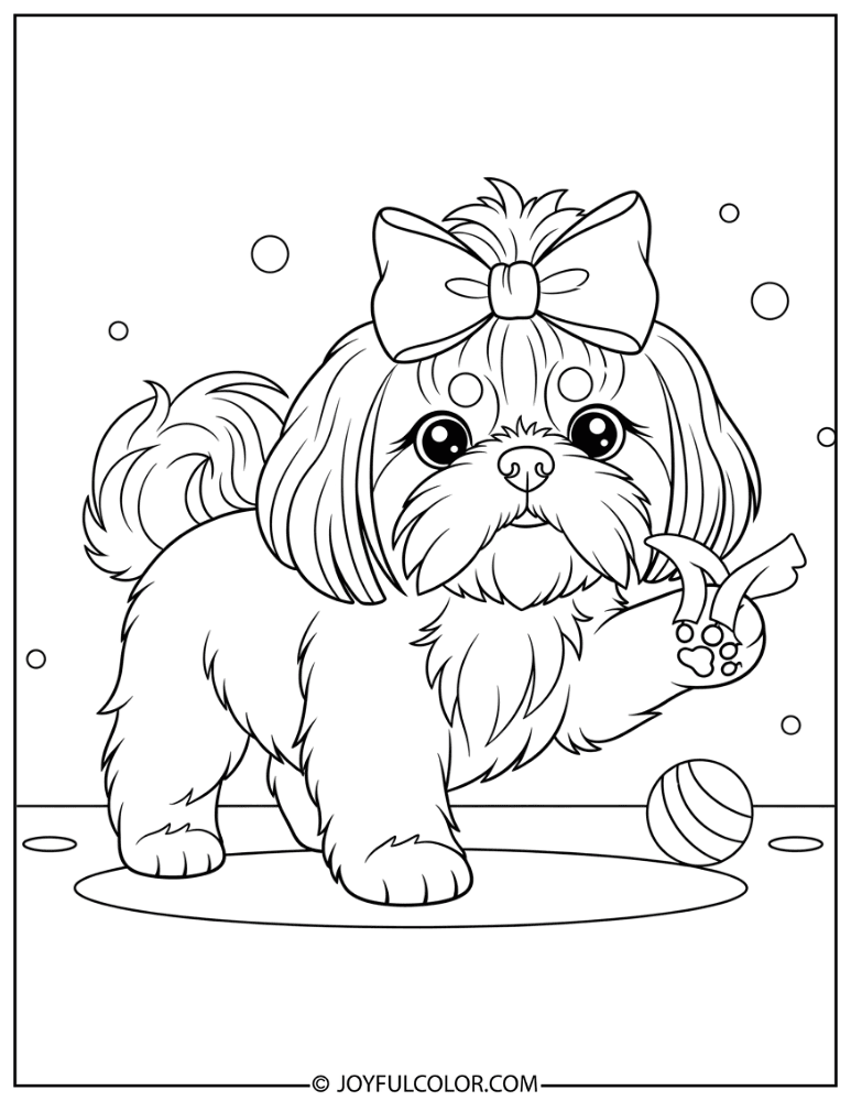 Shih Tzu Playing with Hair Bow Coloring Page