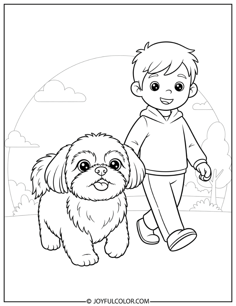 Shih Tzu Walking with Owner Coloring Page