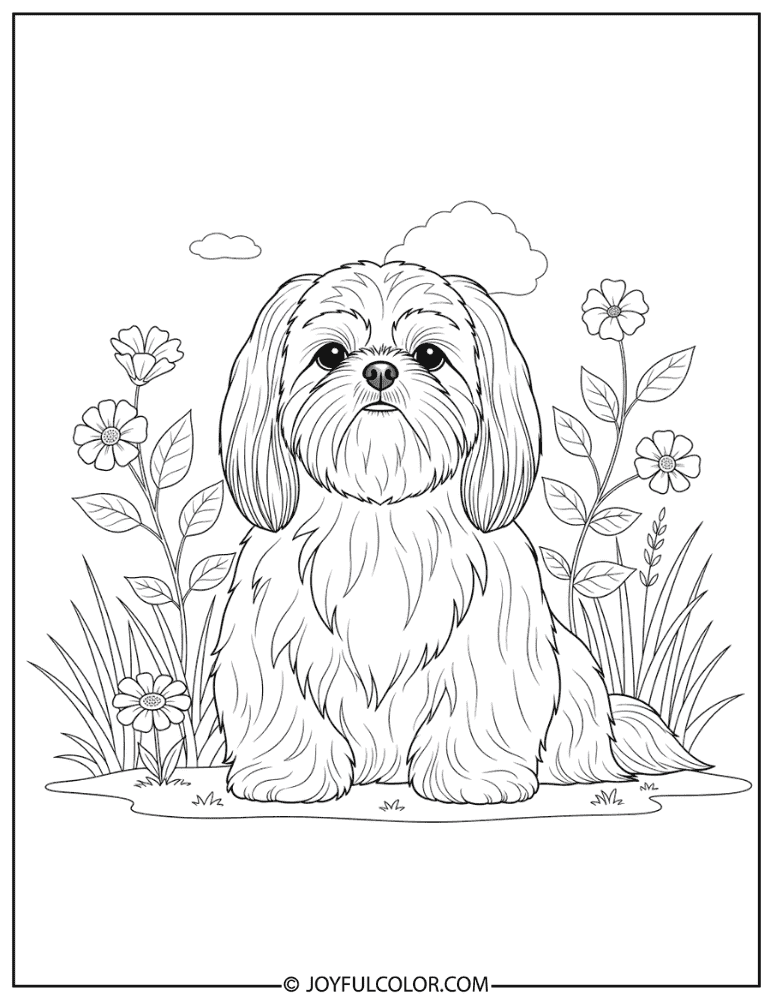 Shih Tzu in Garden Coloring Page