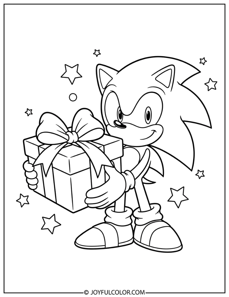 Simple Sonic Holding a Gift Box Coloring Page