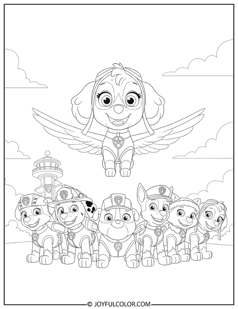 Skye with the Full Paw Patrol Team Coloring Page