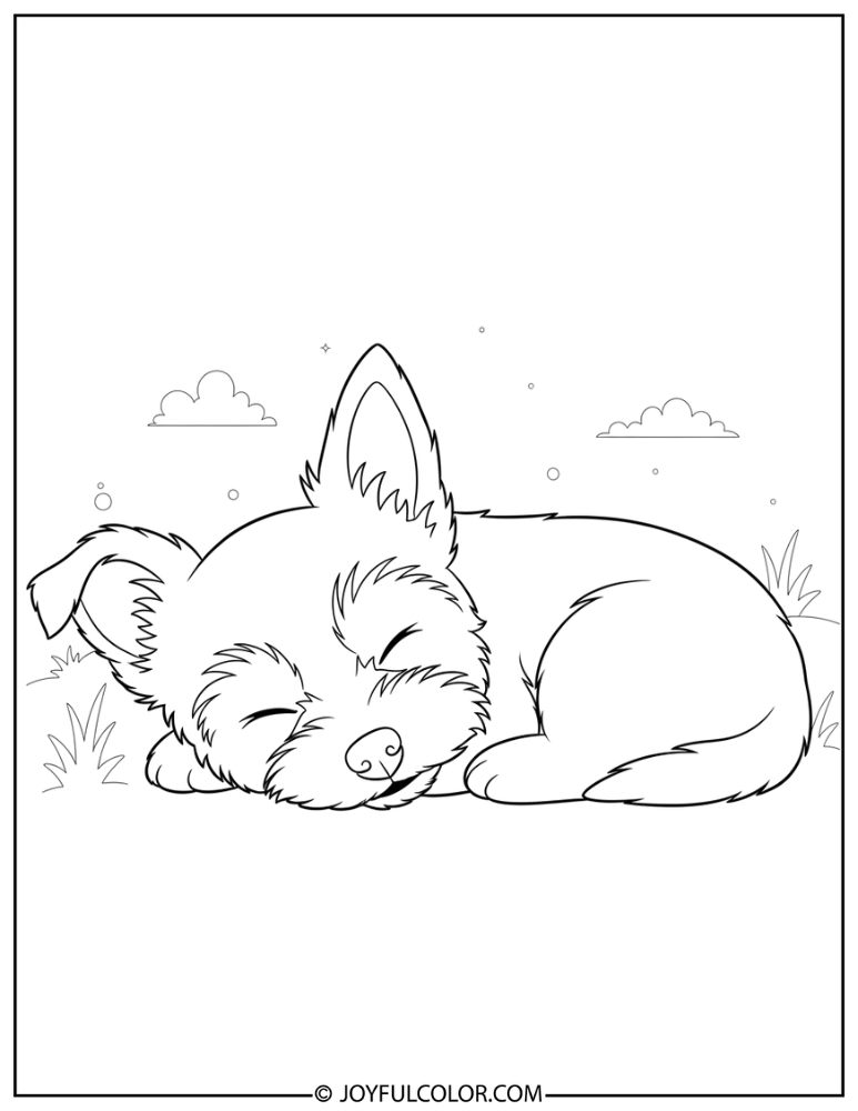 Sleeping Yorkie Puppy Coloring Page