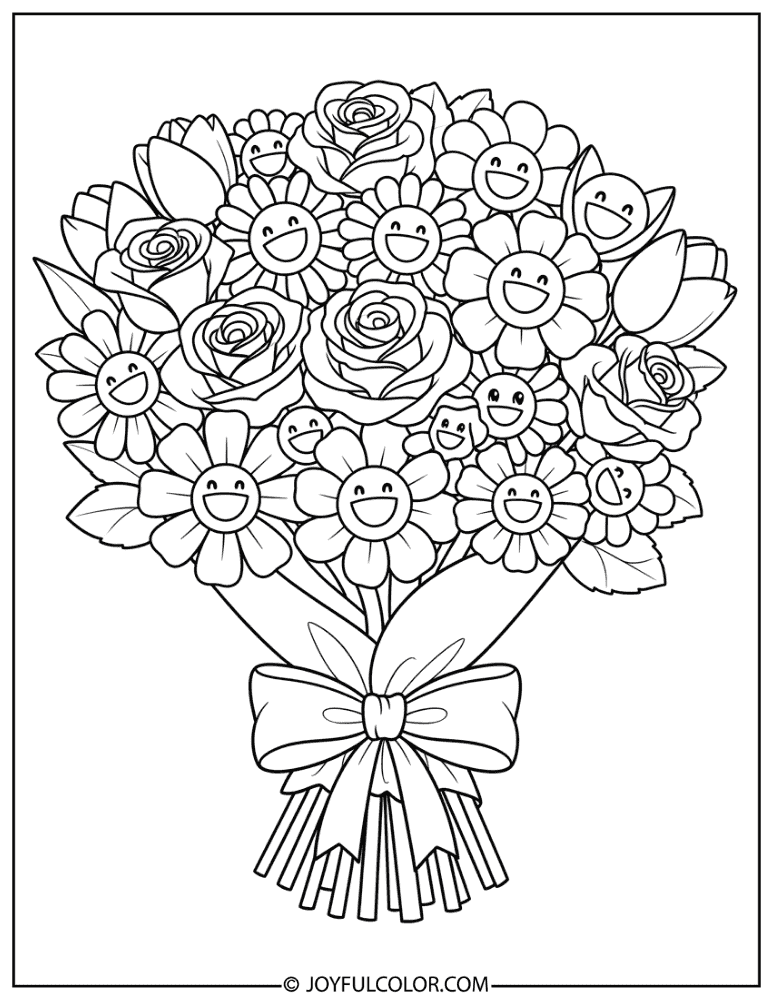 Smiling Cartoon Flower Bouquet Coloring Page