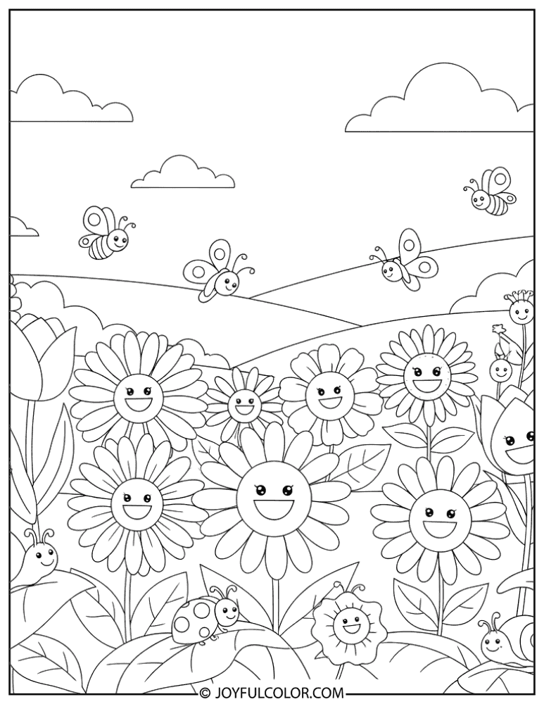 Smiling Flowers Garden Coloring Page