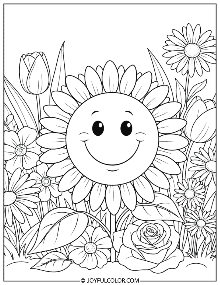 Smiling Sunflower Garden Flower Coloring Page