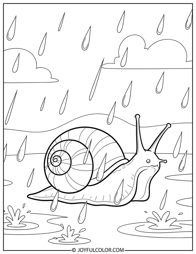 Snail in Rain Coloring Page