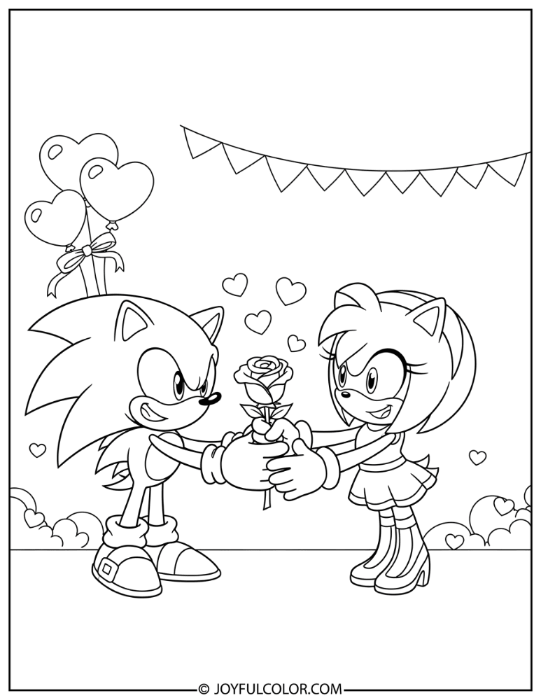 Sonic Giving Amy a Valentine Rose Coloring Page