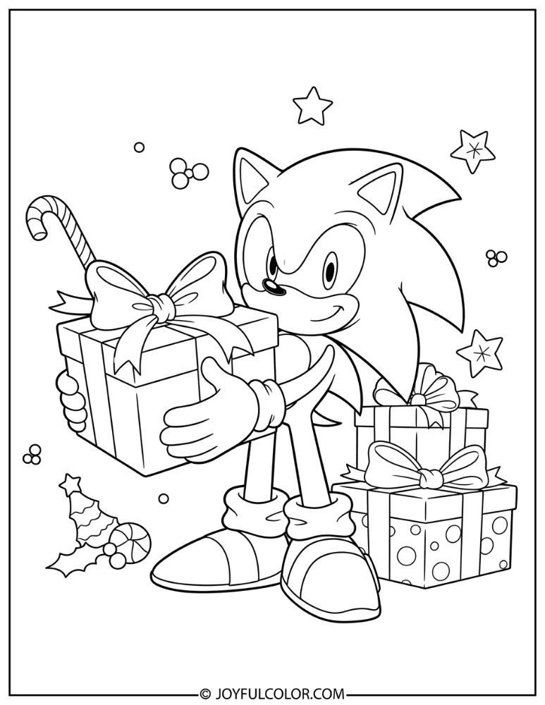 Sonic Holding a Wrapped Present Coloring Page