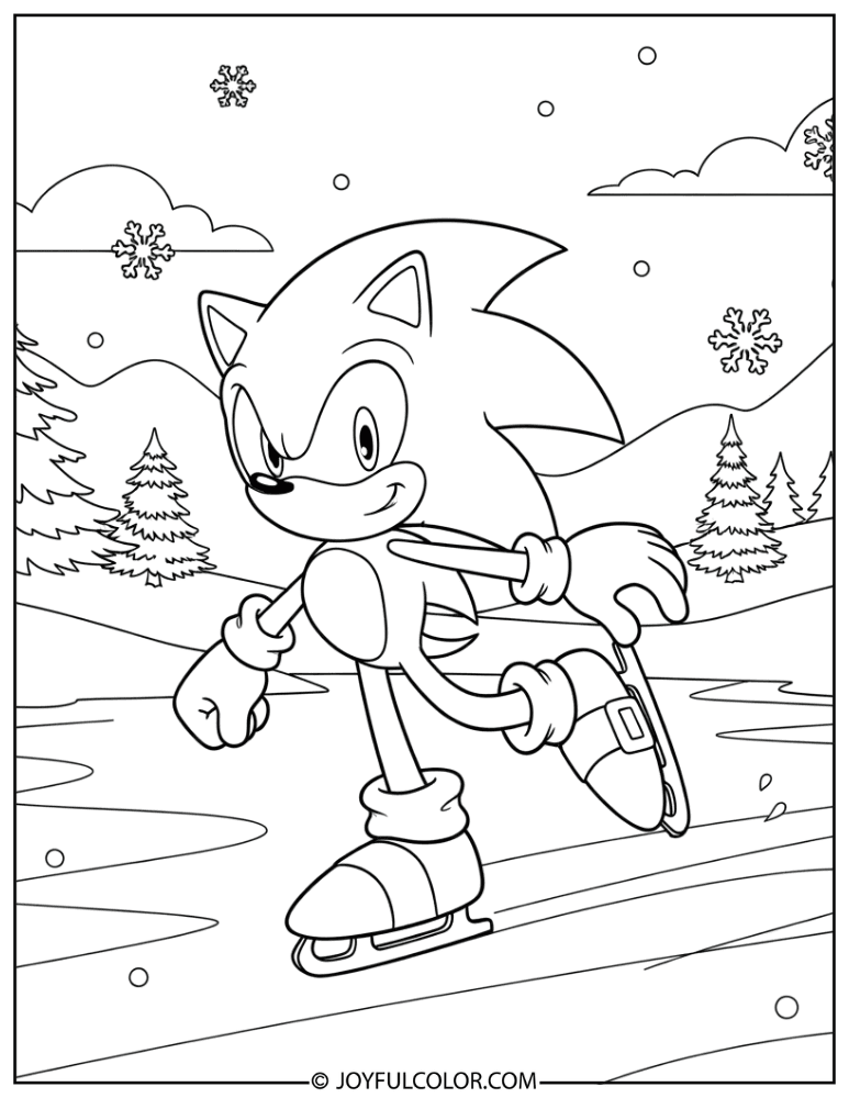 Sonic Ice Skating on a Frozen Lake Coloring Page