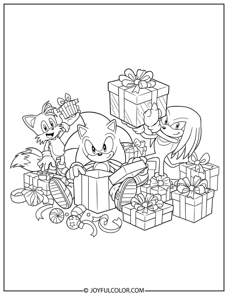 Sonic Knuckles and Tails Opening Holiday Gifts Coloring Page