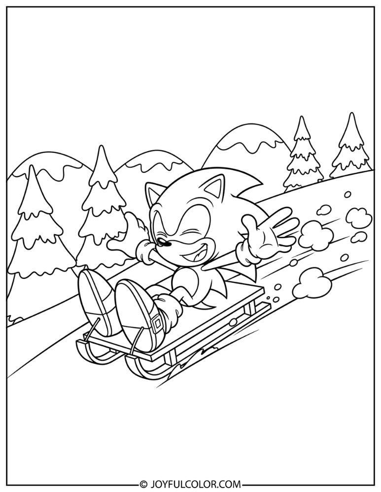 Sonic Sliding Down a Snowy Hill Coloring Page