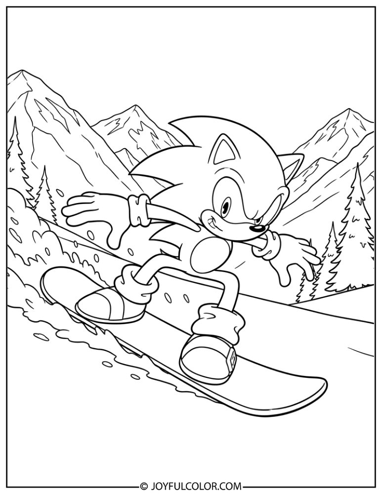 Sonic Snowboarding Down a Mountain Coloring Page