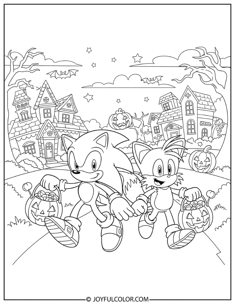 Sonic Trick-or-Treating with Tails Coloring Page