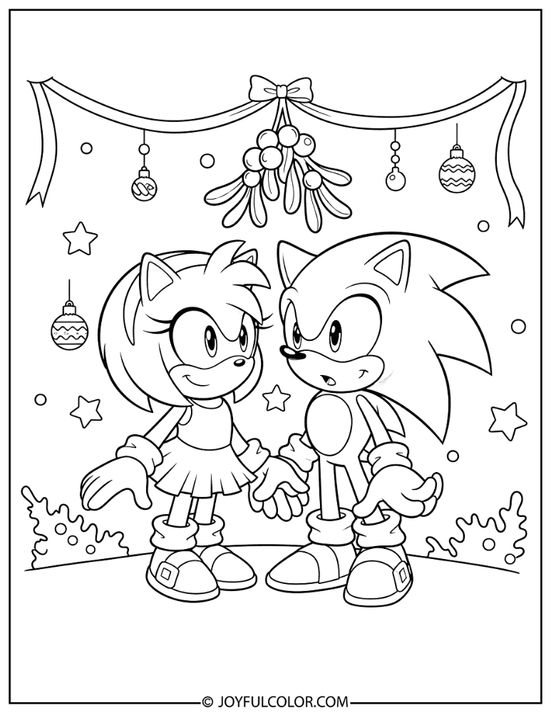 Sonic and Amy Rose Under the Mistletoe Coloring Page