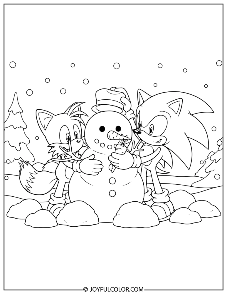 Sonic and Tails Building a Snowman Coloring Page