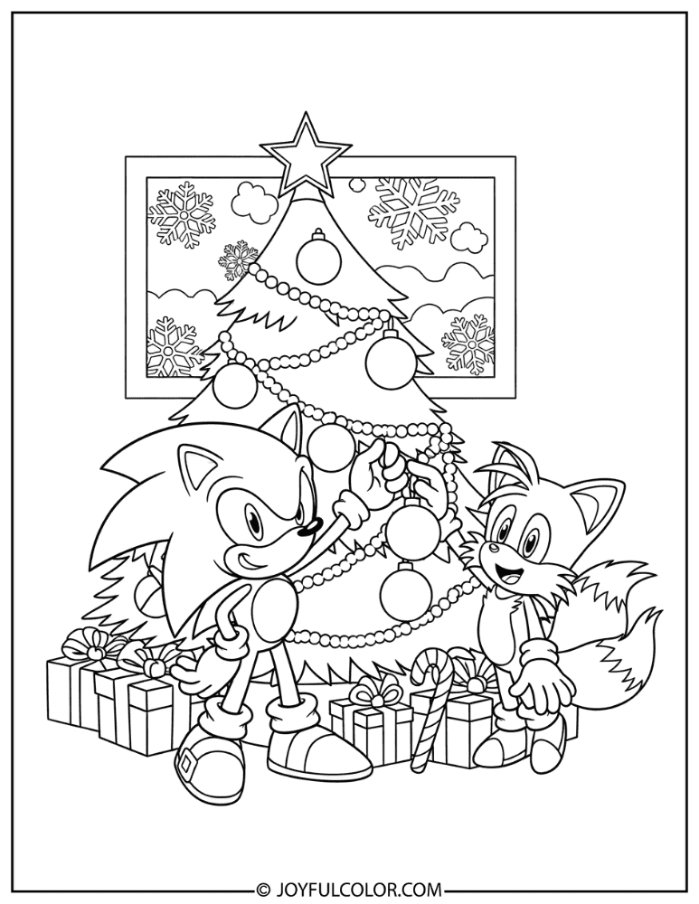 Sonic and Tails Decorating a Christmas Tree Coloring Page
