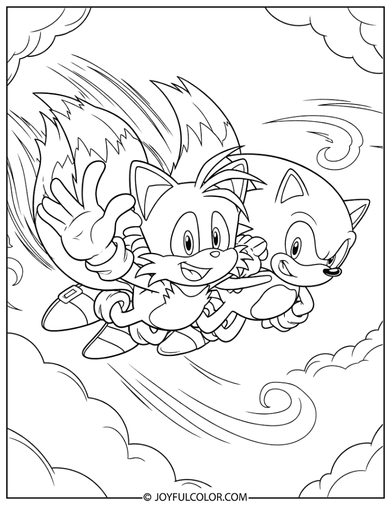 Sonic and Tails Flying Coloring Page