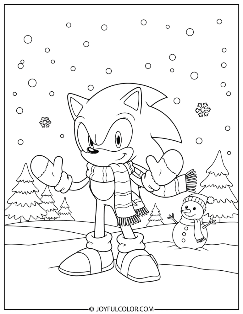 Sonic in a Winter Scarf and Mittens Coloring Page