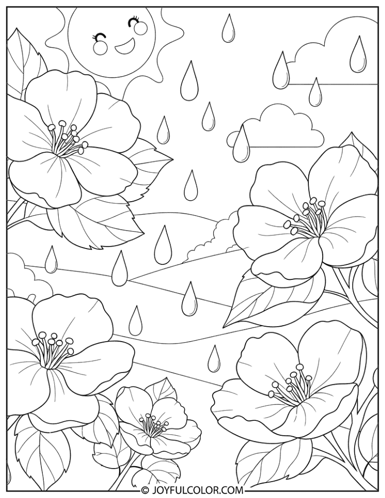 Spring Blossoms in Rain Coloring Page