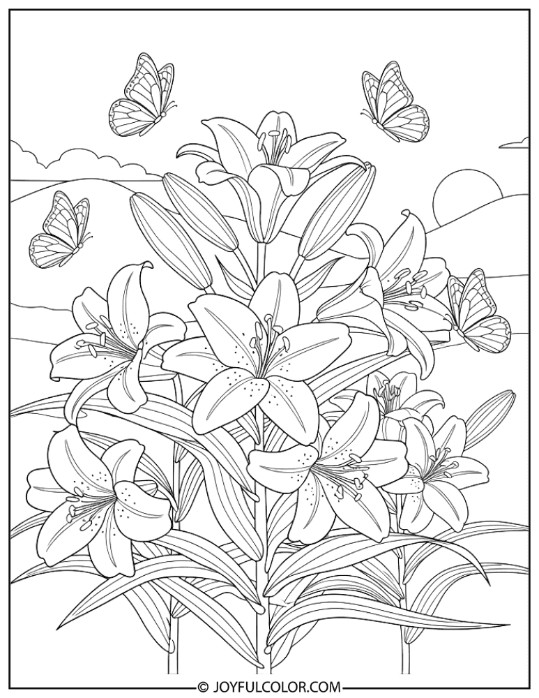 Spring Lily and Butterfly Scene Coloring Page