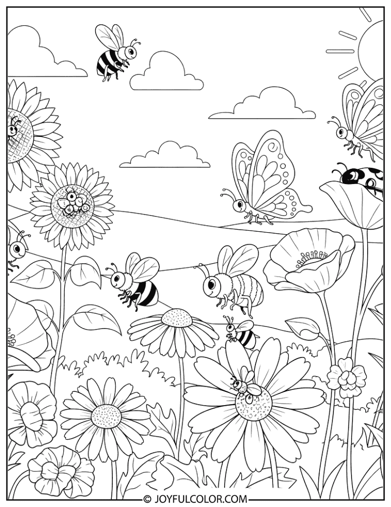 Spring Pollinator Scene Coloring Page
