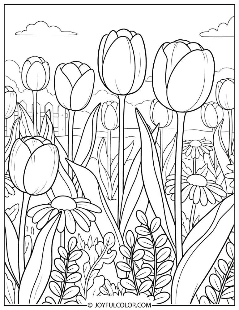 Spring Tulips Garden Flower Coloring Page